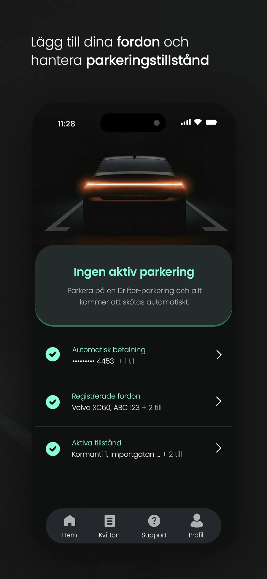 Drifter app screenshot, add your vehicles and manage parking permits